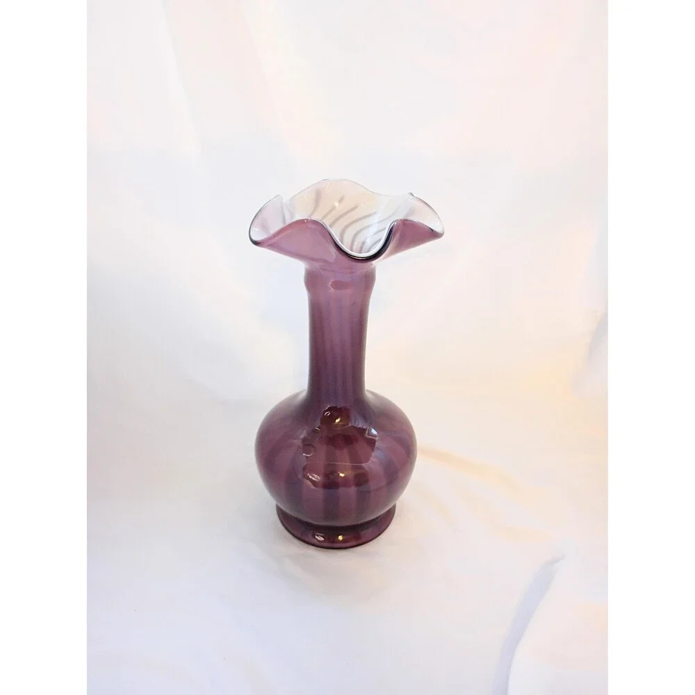 Handblown Glass Vase with Ruffled Top Purplish Brown with White Interior